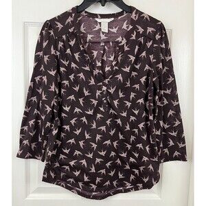 H&M -  Plum (Purple) Long Sleeve Bird Print Knit Blouse Top size XS